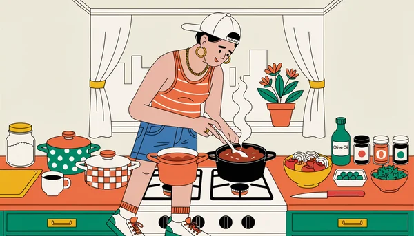 Illustration d'un jeune adulte en train de cuisiner plusieurs plats à la fois dans une cuisine éclairée et organisée, symbolisant une session de batch cooking efficace.