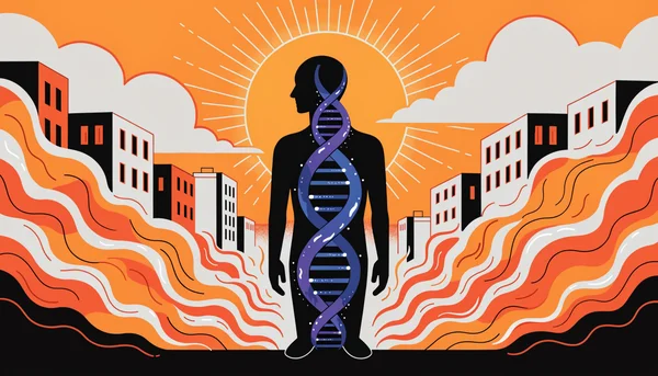 Illustration éditoriale montrant la silhouette de profil d'un personnage exposé à une canicule urbaine, avec une double hélice d'ADN visible à l'intérieur de son torse en bleu, contrastant avec les vagues de chaleur orange et rouge qui irradient au-dessus d'une ville simplifiée.