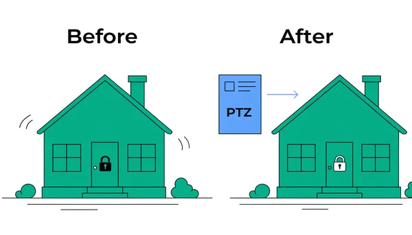 Illustration en 2D représentant le rôle du Prêt à Taux Zéro (PTZ). À gauche, une maison avec un cadenas fermé symbolise un achat immobilier inaccessible. À droite, la même maison avec le cadenas ouvert et une flèche pointant depuis un document étiqueté "PTZ" montre comment cette aide facilite l'acquisition.