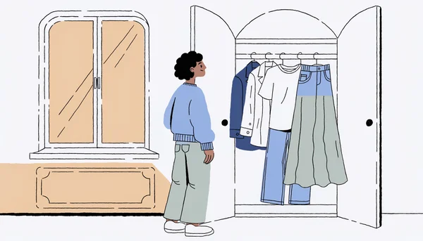Illustration d'une personne debout devant une armoire ouverte et épurée ne contenant que cinq vêtements suspendus sur une seule barre, dans une chambre lumineuse et minimaliste, évoquant la sérénité et la clarté mentale apportées par la méthode de garde-robe capsule.