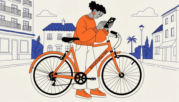 Un jeune adulte inspecte attentivement le numéro de série sur le cadre d'un vélo de ville, smartphone à la main, pour vérifier sa légitimité avant un achat d'occasion.