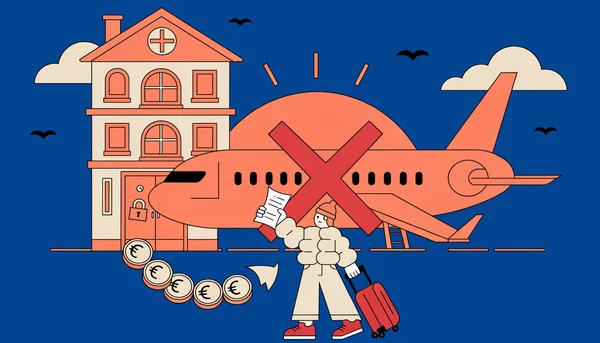 Illustration éditoriale plate et colorée : un avion de ligne immobilisé sur le tarmac avec une croix rouge au-dessus du fuselage, un hôtel fermé par un cadenas à côté, et au premier plan un petit voyageur à valise qui tient un reçu de remboursement, tandis qu’une flèche de pièces en euros relie l’avion et l’hôtel au reçu. Scène vue légèrement de dessus, sans texte.