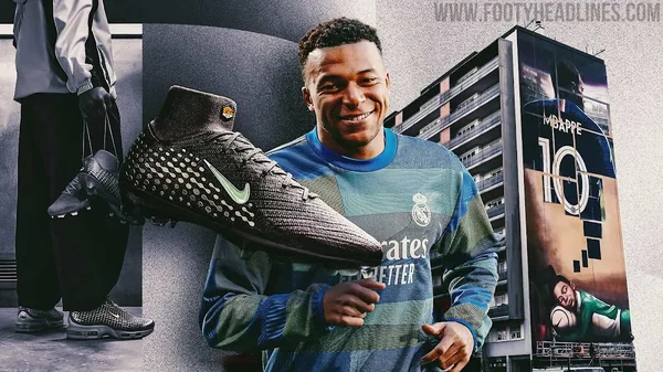 Collage numérique de Kylian Mbappé souriant en tenue d'entraînement du Real Madrid, avec un grand crampon noir à logo vert On au premier plan et un panneau publicitaire « MBAPPÉ 10 » en arrière-plan.
