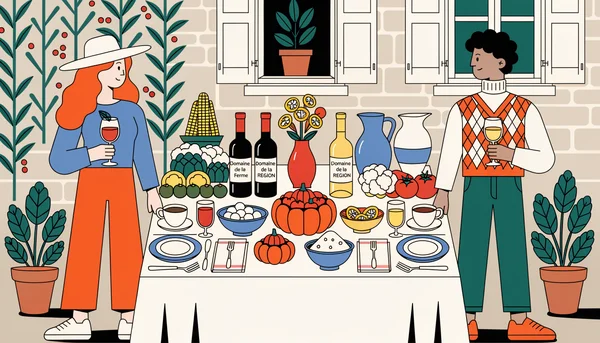 Un couple admire la table de leur mariage installée dans le jardin d'un mas en pierre, décorée avec des plats sculpturaux à base de produits locaux et de vins du domaine, incarnant l'intentionnalité et l'authenticité du lieu.