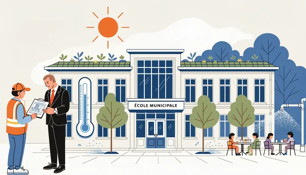 Illustration d'une école municipale française dotée d'un toit végétalisé, d'arbres récemment plantés et d'un système de brumisation dans la cour, où des enfants profitent d'un espace rafraîchi, tandis qu'un maire et un agent municipal supervisent les travaux d'adaptation climatique.
