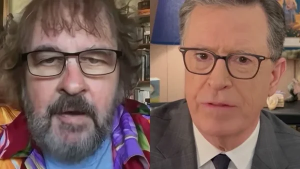 Une capture d'écran d'un appel vidéo montrant Stephen Colbert aux côtés du réalisateur Peter Jackson, évoquant la collaboration sur le scénario d'un nouveau projet Le Seigneur des Anneaux.