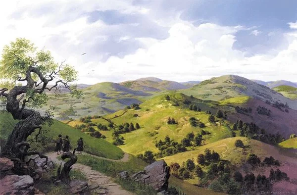 La Comté, région verdoyante et champêtre de la Terre du Milieu, représentant un idéal pastoral et communautaire.