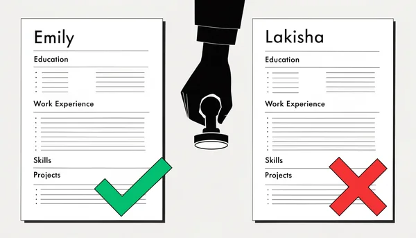 Vue en plongée d'un bureau minimalistique montrant deux CV quasi identiques côte à côte : l'un portant le prénom "Emily" reçoit un tampon vert de validation, tandis que l'autre portant le prénom "Lakisha" reçoit un tampon rouge de rejet, illustrant la discrimination liée au prénom dans le recrutement.