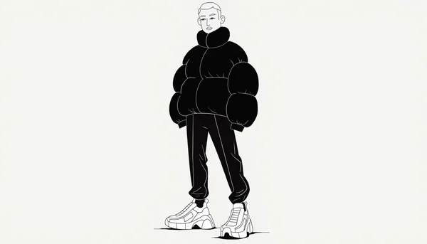 Illustration éditoriale d’un homme portant une doudoune oversize noire mate à col structuré, tombant à mi-cuisse, associée à un pantalon fuselé et des sneakers épaisses. La silhouette reste nette grâce au bas ajusté, dans un décor minimaliste gris clair.