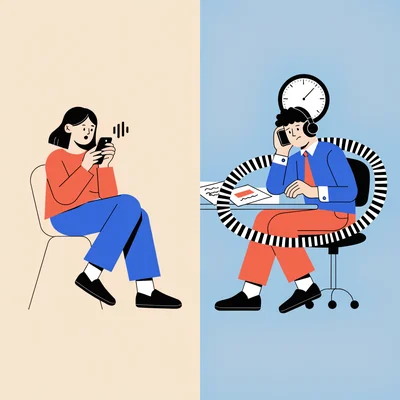 Illustration de l'asymétrie du message vocal : à gauche, une femme envoie un vocal d'un geste décontracté ; à droite, un homme casque sur les oreilles écoute un long message, sous une horloge et une onde sonore qui s'enroule autour de sa tête, symbolisant la charge mentale.