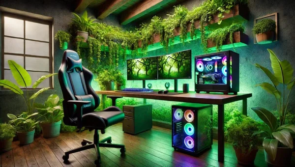 Une salle de jeu futuriste éco-responsable, illustrée numériquement, avec des plantes vertes abondantes intégrées à un setup gaming comprenant deux écrans, une chaise de gamer et un boîtier PC équipé d'éclairage RGB coloré.