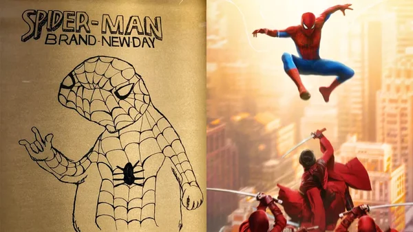 Affiche officielle de Spider-Man: Brand New Day juxtaposée à un dessin à la main de l'affiche virale canadienne, montrant Spider-Man combattant des ninjas de la Main.