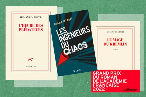 Affiche promotionnelle présentant trois romans de Giuliano Da Empoli : 'L'Heure des prédateurs', 'Les Ingénieurs du chaos' et 'Le Mage du Kremlin', ce dernier ayant remporté le Grand Prix du Roman de l'Académie Française en 2022.