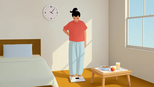 Personne calme, en tenue d'intérieur, debout sur un pèse-personne blanc dans une chambre lumineuse et épurée. Derrière elle, une horloge murale ronde évoque des repas à heures régulières ; sur une table basse, un plateau de petit-déjeuner avec un bol de porridge, une pomme et un verre d'eau. La lumière du matin entre par une fenêtre. L'illustration évoque les habitudes durables – pesée régulière et repas structurés – qui aident à éviter l'effet yo-yo.