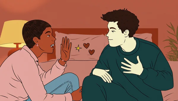 Illustration éditoriale : dans une chambre doucement éclairée, un couple assis sur le lit se fait face ; l’un·e demande avec un sourire et un geste ouvert si l’autre est toujours partant·e, tandis que l’autre acquiesce, la main sur le cœur. L’ambiance reste chaleureuse et désirable, sans casser la spontanéité.