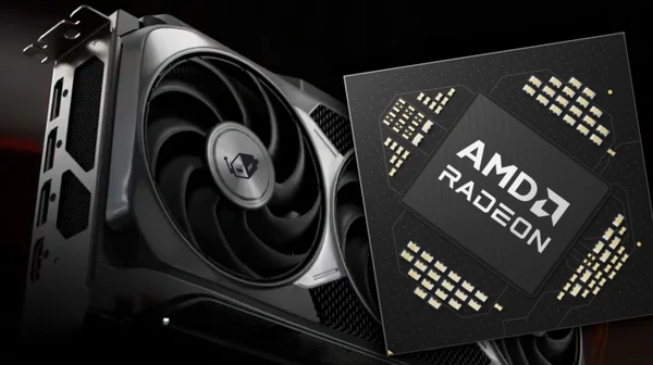 Un ventilateur de refroidissement et un composant AMD Radeon exposés en gros plan, mettant en avant le design matériel des cartes graphiques AMD.