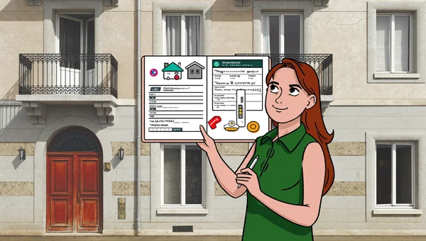 Une jeune acheteuse se tient devant un immeuble ancien et examine une fiche de vérification ouverte, avec des icônes représentant le DPE, l’audit énergétique, les charges et les documents de copropriété, tandis qu’elle lève les yeux vers la façade.