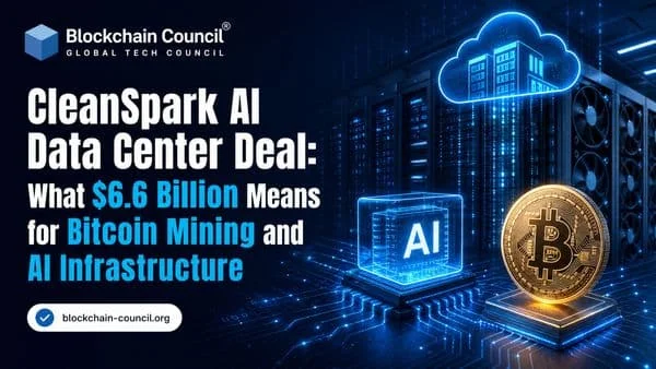 Infographie de la Blockchain Council sur l'accord de CleanSpark pour un centre de données IA de 6,6 milliards de dollars, avec pièce Bitcoin, puce IA et racks de serveurs.