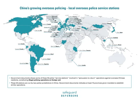Image illustrative d'une station de police chinoise à l'étranger, documentée par Safeguard Defenders dans son rapport sur les 230 000 Chinois incités à rentrer en Chine.
