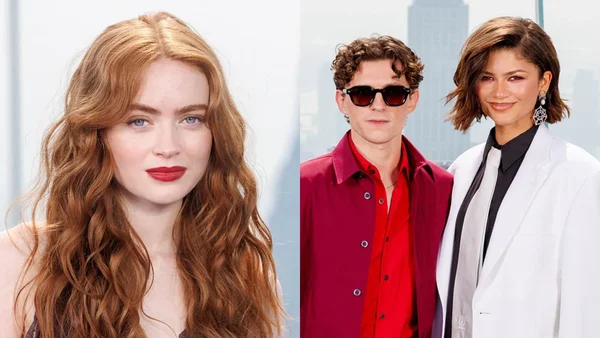 Sadie Sink aux cheveux roux ondulés, Tom Holland en lunettes de soleil et Zendaya en tailleur blanc lors de la séance photo de Spider-Man: Brand New Day à New York.
