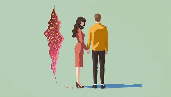 Illustration éditoriale 2D aux aplats de couleur : un couple reste main dans la main tandis que la femme se retourne vers une fissure lumineuse et scintillante, symbole du mythe du « divorce enchanté », qui flotte près d’eux sans les séparer.