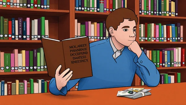 Illustration d'un jeune doctorant en philosophie assis à un bureau dans une bibliothèque universitaire, tenant un livre épais et une petite pile de pièces et billets symbolisant son salaire mensuel, devant des étagères remplies de livres.