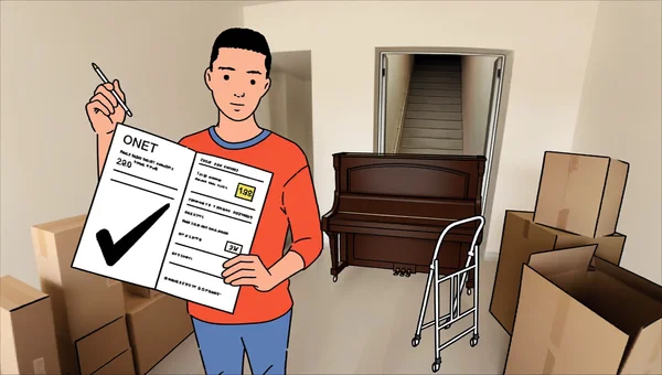 Illustration éditoriale plate : dans un appartement vide et lumineux, une personne tient un devis de déménagement avec un stylo, entourée de cartons et d’un diable. Par la porte ouverte, on voit un escalier sans ascenseur et un piano droit en bas, rappelant les suppléments à anticiper : étage, portage et objet hors gabarit.