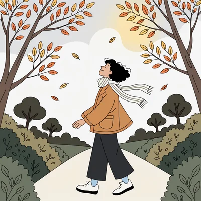 Illustration d'une jeune femme en veste d'automne profitant de la lumière du matin lors d'une courte promenade dans un parc aux arbres orangés, sous un ciel couvert mais lumineux.
