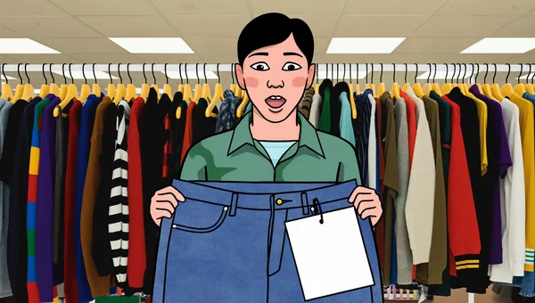Illustration d'une jeune cliente étonnée tenant un jean basique avec une grosse étiquette de prix dans une friperie bondée devant un portant de vêtements vintage colorés.