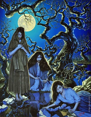 Illustration du blog de Marc Mosnier intitulée 'Les lavandières de la nuit', inspirée des légendes bretonnes des Kannerez noz, montrant des figures féminines mystérieuses dans une ambiance nocturne.