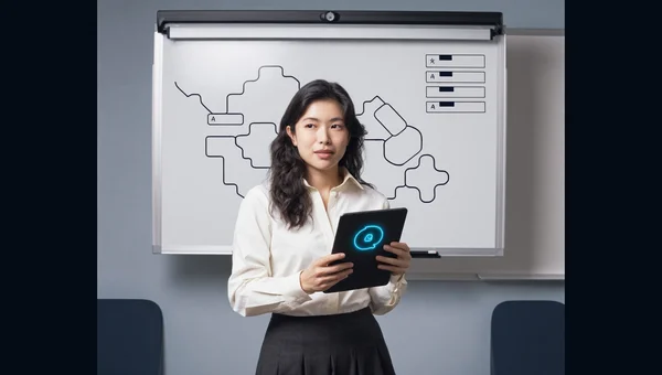 Une enseignante dans une salle de classe moderne, tenant une tablette avec une interface d'IA symbolique, réfléchissant à l'intégration de l'intelligence artificielle dans ses méthodes pédagogiques.