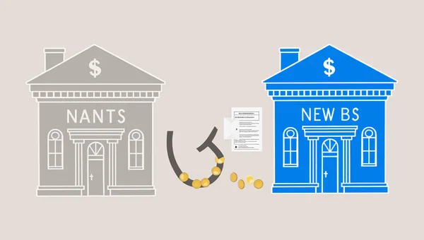 Illustration montrant deux bâtiments bancaires, l'ancienne banque grise à gauche et la nouvelle banque bleue à droite, reliés par une grande flèche qui transfère des pièces, une enveloppe de salaire et un document de prélèvement.