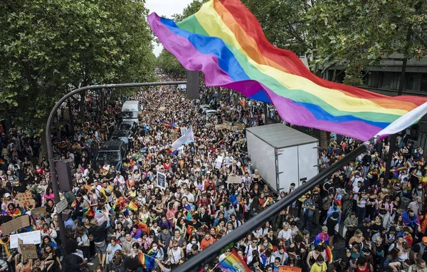 Foule nombreuse lors de la Marche des fiertés de la banlieue à Paris, avec un grand drapeau arc-en-ciel au premier plan et des participants portant drapeaux et pancartes dans une rue bordée d'arbres