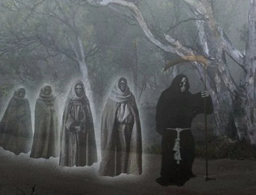 Illustration de la Santa Compaña, la procession légendaire d'âmes en peine marchant dans la nuit sur les chemins de Galice et de Saint-Jacques