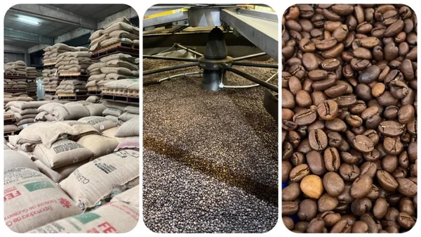 Triptyque du processus de production du café : sacs de jute de grains verts empilés en entrepôt, torréfacteur industriel en fonctionnement et gros plan sur des grains torréfiés