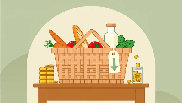 Scène d'illustration éditoriale en flat design pour l'article sur l'économie de 30 € par semaine sur les courses. Un panier en osier débordant de produits frais et appétissants — carottes, tomates, baguette dorée, bouteille de lait et épinards — est posé au centre d'une table en bois. À côté, une pile de pièces d'or et un bocal en verre rempli de pièces évoquent les économies réalisées. Une petite étiquette blanche avec une flèche verte vers le bas est accrochée à l'anse du panier. L'ensemble, aux couleurs plates et aux contours nets, dégage un ton optimiste et pratique.