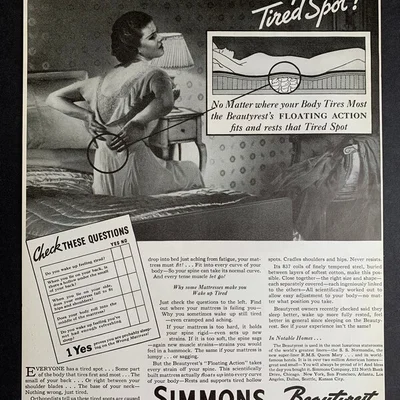 Publicité vintage de 1936 pour les matelas Simmons Beautyrest, montrant une promotion historique sur le sommeil de qualité