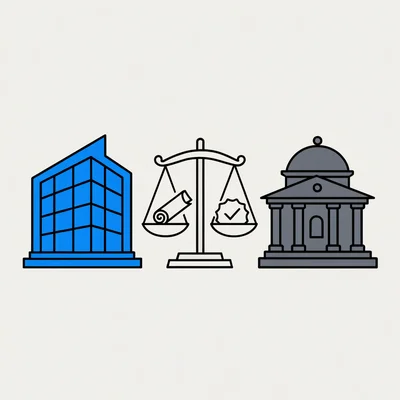 Illustration symbolisant l'équilibre réglementaire entre un établissement d'enseignement supérieur privé moderne et une université publique traditionnelle, illustré par une balance équilibrée portant des symboles de diplôme et de reconnaissance.