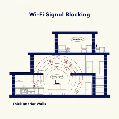 Vue en coupe d'une maison aux murs épais montrant le signal Wi-Fi émis par une box centrale. Le signal est fort dans la pièce où se trouve la box mais s'affaiblit et est coupé par les murs porteurs, créant des zones mortes à l'étage et dans les pièces éloignées.