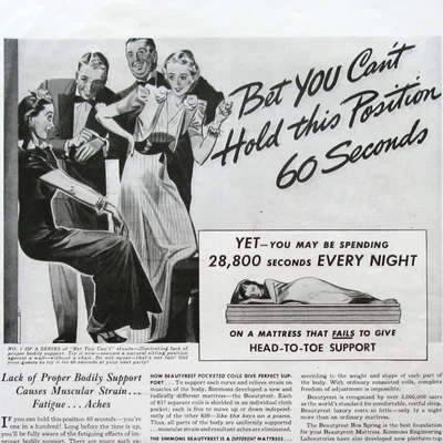 Publicité de 1938 pour les matelas Simmons Beautyrest, présentée en noir et blanc et utilisée comme décoration murale ou cadeau