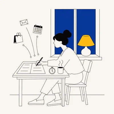 Illustration d’une jeune femme assise à une table un dimanche soir qui écrit sur une grande feuille en trois colonnes pour vider sa tête, avec des icônes de courrier, courses et rendez-vous qui s’échappent de sa tête vers le papier, un minuteur et une tasse chaude à côté, devant une fenêtre sur le ciel du soir.
