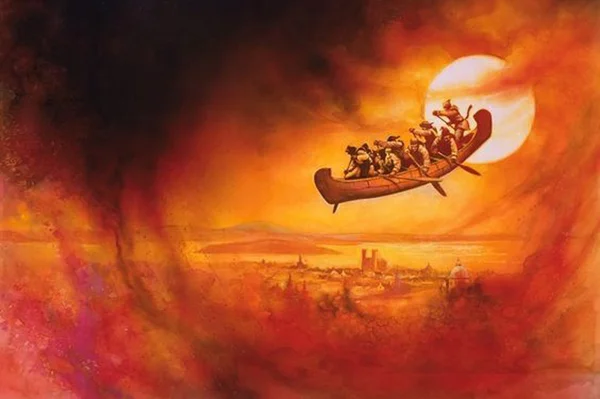 Représentation de la légende de la chasse-galerie avec un canot maudit volant dans le ciel nocturne au-dessus d'un paysage canadien