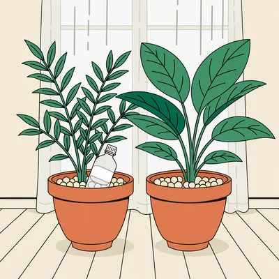 Illustration de deux plantes vertes en pots en terre cuite serrées l'une contre l'autre dans un salon lumineux en lumière indirecte, terreau paillé de billes d'argile et bouteille d'eau renversée plantée dans la terre pour un arrosage autonome.
