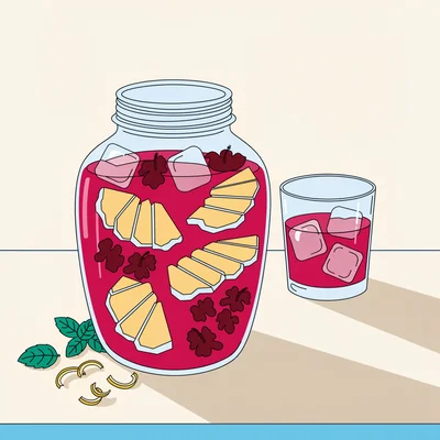 Illustration d’un grand bocal en verre rempli d’infusion froide couleur rubis à l’hibiscus et au gingembre avec des glaçons, à côté d’un verre servi sur une table d’été avec des feuilles de menthe et des zestes de citron.