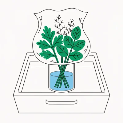 Illustration d'un bouquet de persil, coriandre et menthe, tiges plongées dans un verre d'eau froide et feuillage coiffé d'un sac souple, rangé dans le bac à légumes du réfrigérateur.