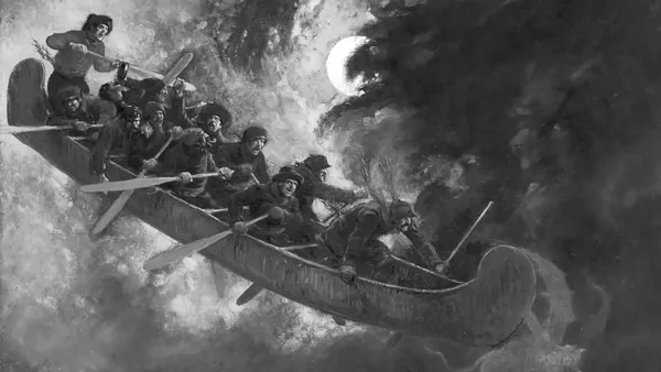 Illustration de la Chasse-galerie montrant le canot maudit volant dans le ciel nocturne avec des voyageurs canadiens-français, le diable voyageant en canot selon la légende