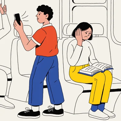 Illustration dans une rame de RER bondée : un voyageur debout tient son téléphone en haut-parleur d'où partent des ondes sonores, tandis qu'une voyageuse assise à côté, agacée, se bouche une oreille.