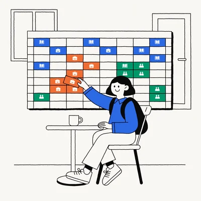 Illustration d'une jeune étudiante assise à son bureau qui organise son emploi du temps sur un grand planning hebdomadaire à blocs colorés pour les cours, le stage et la vie associative, avec son sac à dos à côté.