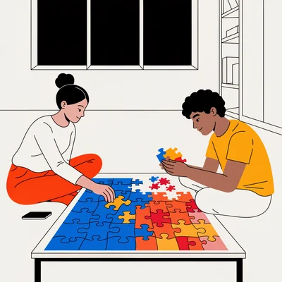 Illustration de deux jeunes dans la vingtaine assemblant un grand puzzle coloré sur une table basse dans un salon, smartphone retourné posé à côté pour déconnecter.