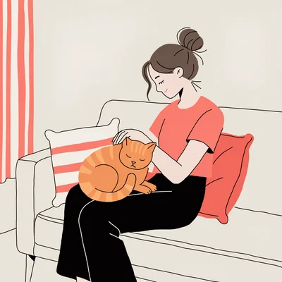 Illustration d’une jeune femme détendue assise sur un canapé qui caresse doucement un chat roux blotti contre elle, les yeux fermés, dans un salon chaleureux.
